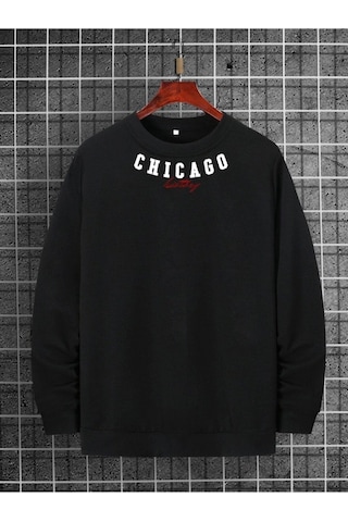 Erkek Yaka Chıcago Baskılı Oversize Sweatshirt Siyah Kırmızı