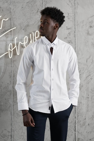 Advante Kalın Çizgili Katlamalı Kol Yaka Düğmeli Slimfit Pamuklu Yazlık Gömlek Mavi