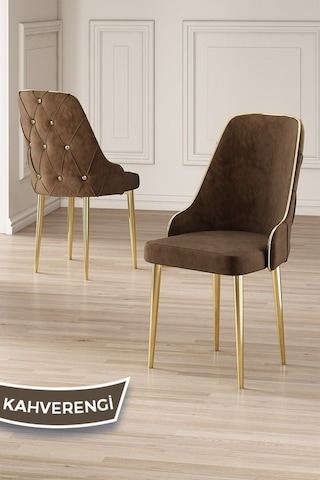 Canisa Vae Serisi 90x160 Lak Panel Beyaz Mermer Desen Gold Ayak Masa Takımı 6 Kahve Sandalye Beyaz Mermer Desen Masa Sandalyeler Kahve