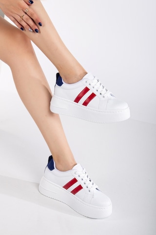 Erceka Kadın Spor Ayakkabı Sneaker Günlük Kullanıma Uygun Beyaz-siyah-kırmızı,mavi Bağcıklı Beyazkırmızımavi