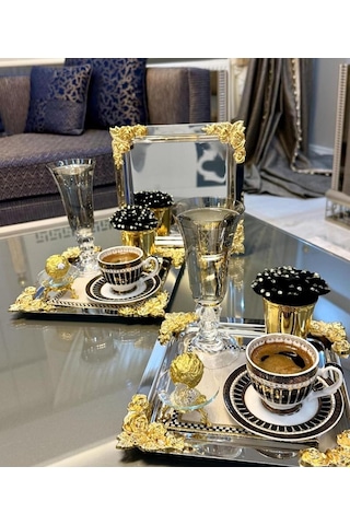 Plt Design Tekli Lüx Kare Çiçek Aksesuarlı Paslanmaz Çelik Gümüş Kahve, Çay, Dekoratif Sunum Servis Tepsisi