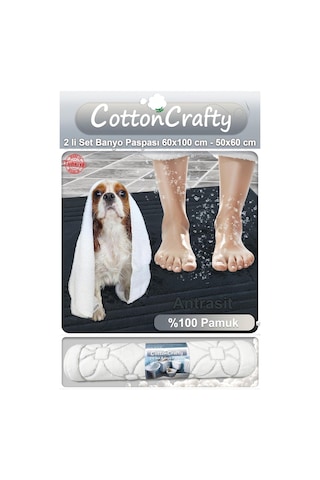 Cottoncrafty %100 Pamuk Dokuma Su Emici Banyo Paspas Seti, Banyo Halısı Vera 2 Li Set 60x100-60x50 Antrasit Diğer