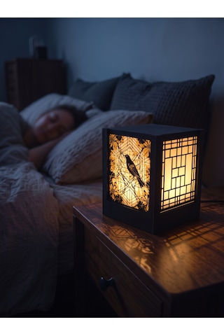Serie Lumina Shoji Masa Ve Gece Lambası - Ardıç Kuşu Figürlü Klasik Zen Kafes Japon Feneri Sıcak Led Ambiyans Işığı Siyah