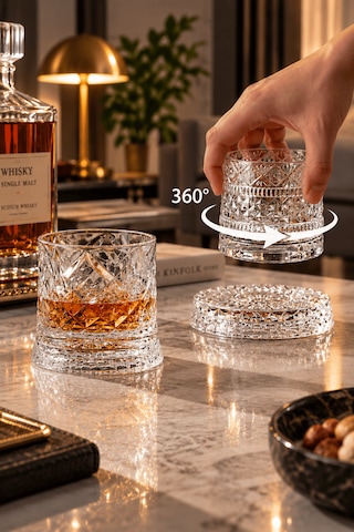 360 Derece Dönen Bardak 280 Ml Kristal Desenli Cam Döner Tabanlı Kokteyl Ve Içecek Bardağı