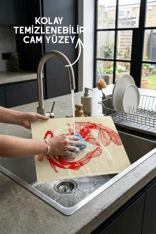Koi Balık Desenli Cam Kesim Tahtası - 25x35cm -dayanıklı Ve Pratik Kesim Matı Kırmızı