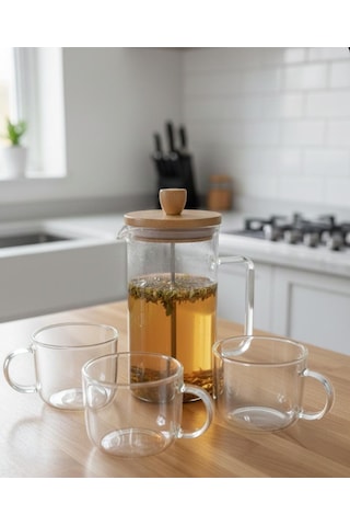 Bambu French Press 1000 Cc Bitki Çayı Filitre Kahve Bambu - Şeffaf