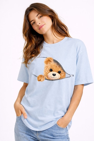 Fermuarlı Ayıcık Baskılı Kadın Tişört Oversize Sevimli Teddy Bear Mavi