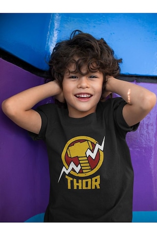 Sevbano Tasarım Thor Çekiç Baskılı Unisex Avengers Çocuk Tişört 1-12 Yaş Siyah