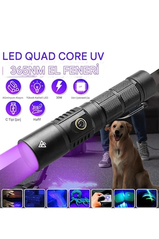 30w Uv Işık Feneri, 365nm Profesyonel Güçlü, Usb-c Şarjlı, Aluminyum Gövde, Su Dayanıklı, Para Kontrol Mat Siyah