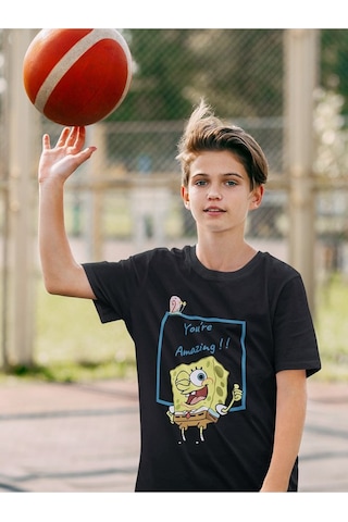 Sevbano Süngerbob You Are Amazing Yazılı Unisex Çizgi Film Çocuk Tişört Siyah