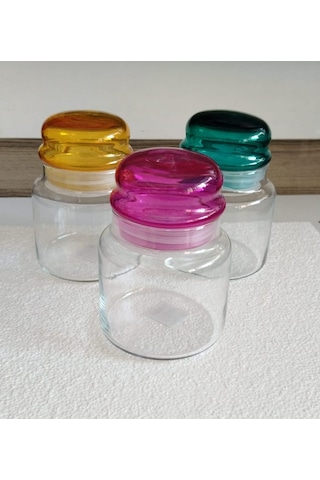 Vakumlu Renkli Kapak Cam 3'lü Kahve,şeker Kavanozu Seti 635 Cc