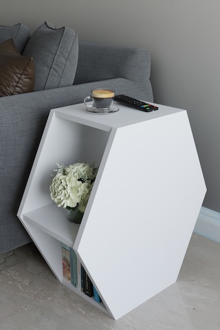 Alpa Ev Mobilya Altıgen Tasarım Yan Sehpa, Modern Koltuk Yanı Ve Dekoratif Kitaplık, Salon Sehpası Beyaz