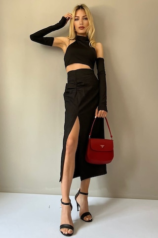 Madmext Siyah Basic Midi Boy Büzgülü Keten Etek Mg1540