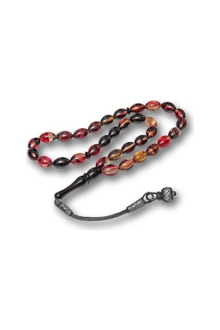 Gümüş Kazaz Püsküllü Sarı Siyah Kırmızı Sıkma Kehribar Tesbih