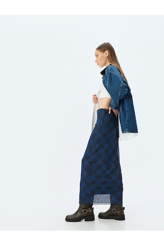 Koton Yüksek Bel Slim Fit Ekoseli Astarlı Midi Kalem Etek Lacivert Ekose 5wal70060ık Lacivert