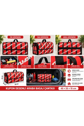 Kupon Desenli Araba Bagaj Çantası 45x25x15 Cm Oto Bagaj Organizer Kapaklı Cırtlı Düzenleyici