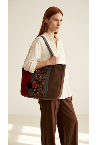 Fabric Craft Bag Omuz Çantası Kadın Duck Kumaş Desenli Büyük Boy Günlük Çanta Kahverengi - Bordo