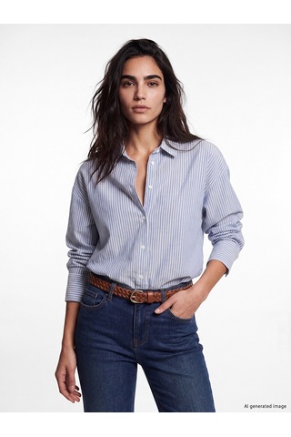 Lcw Vision Lacivert Çizgili Oversize Oxford Kadın Gömlek