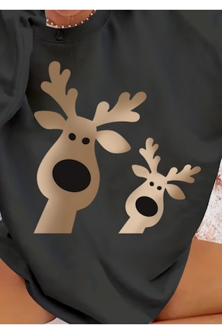 Sensuelle Kadın Yılbaşı Özel Uzun Kollu Bisiklet Yaka Geyik Desenli Viskon Iki Iplik Bluz Antrasit