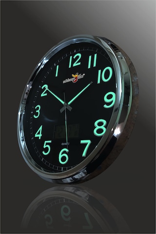 Fosforlu Gece Görünen 32 Cm Ters Çalışan Sessiz Siyah Duvar Saati Siyah - Gümüş