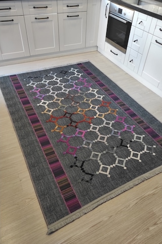 Gri Nakışlı Salon Halısı Dekoratif Kaymaz Modern Mutfak Halısı