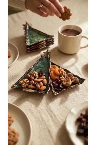 Forest El Yapımı Stoneware Sunum Tabağı Ağaç Formlu Tasarım Alacalı Yeşil Ve Kırmızı