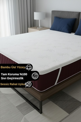 Safir Bambu Sıvı Su Geçirmez Tek Çift Kişilik Yatak Alezi Koruyucu Çarşaf Sessiz Ped Köşe Lastikli Beyaz
