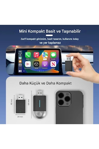 Kablosuz Carplay Ve Android Auto Adaptörü, 2'si 1 Arada, Usb Ve Type-c Bağlantı, Tak Çalıştır Mini Dongle 48mm Nano