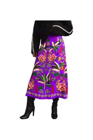 Günlük Moda Bitki Baskılı Retro Etek Kadın Mor
