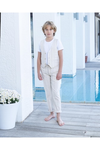 Erkek Çocuk Takım Elbise 3'lü Spor Takım Yelek-pantolon-tişort 3-14 Yaş Bej