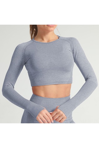 Skycity Kadınlar İçin Esnek Noktalı Yoga Üstü, Uzun Kollu Ve Göbek Açık Spor Giysisi Gri