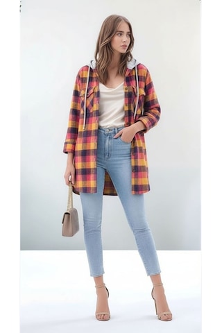 Mamayaga Kadın Desen Bloklu Oduncu Oversize Geniş Kalıp Casual Cepli Kapüşonlu Uzun Boy Ceket Gömlek Çok Renkli