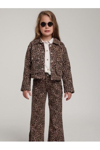 Kız Çocuk Cepli Leopar Kot Ceket-15588 Kahverengi