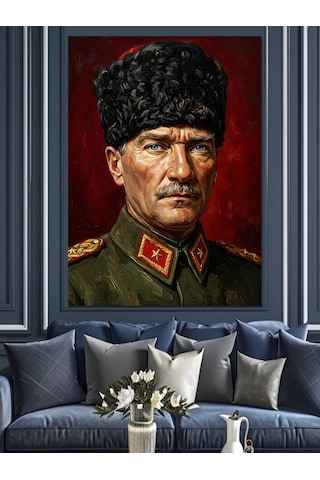 Kalpaklı Atatürk Asker Portresi Dekoratif Kanvas - Mdf Ahşap Tablo