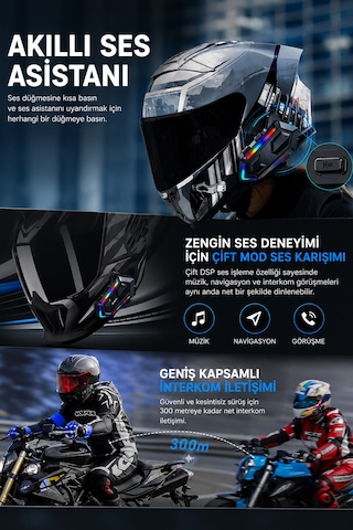Rgb Işıklı Bluetooth 5.3 Interkom - Su Geçirmez Müzik Çalar Motosiklet Kask İçi Kulaklık Intercom