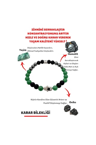 Gümüştel El Sanatları Sertifikalı Doğru Karar Verme Doğaltaş Unisex Tılsım Bilekliği Onix Hematit Yeşim Kadın Erkek Çok Renkli