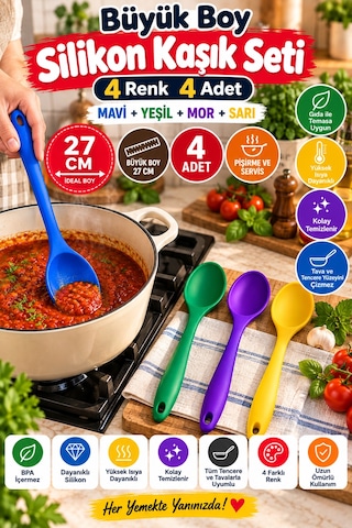 4'lü Set Mavi Yeşil Mor Sarı, Büyük Boy Silikon Kaşık Seti 27 Cm, Mutfak Yemek Pişirme Servis Kaşığı