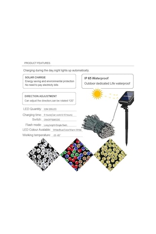 Solar Güneş Enerjili Dış Bahçe 8 Modlu 20Metre 200 Led Aydınlatma