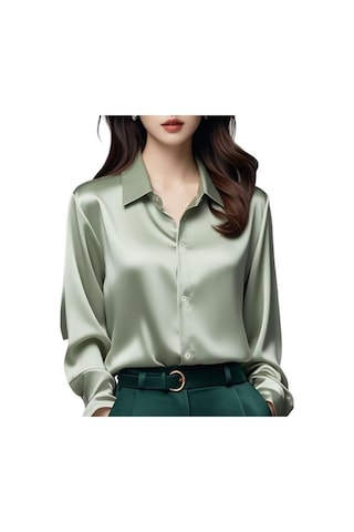 Kadın Gömlek Düz Renk Pürüzsüz Saten Uzun Kollu Yaka Rahat Üstler Tek Göğüslü Fransız Tarzı Ofis Gömlek Açık Yeşil