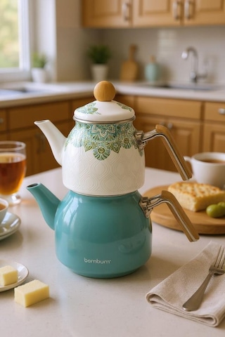 Bambum Unique - Bambu Kulplu Çaydanlık Takımı Turkuaz Turkuaz