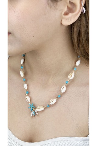 Midye Kabuklu, Mavi Boncuklu, Yaz Kolyesi 393, Altın Renk Çok REnkli