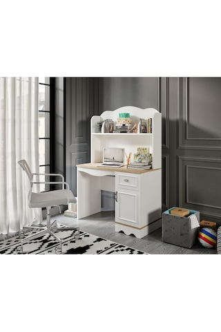Baby Darling %100 Mdf Lisa Çalışma Bilgisayar Masası Meşe Beyaz Üst Ünite Dahil Beyaz