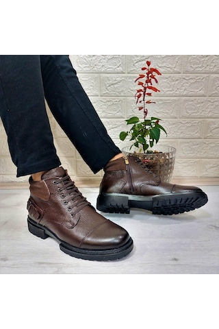 M.p 4201 Kahve Hakiki Deri Bağacaklı Fermuarlı Fuspetli Erkek Bot 001