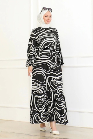Çizgi Desenli Viskon Elbise - Siyah Siyah