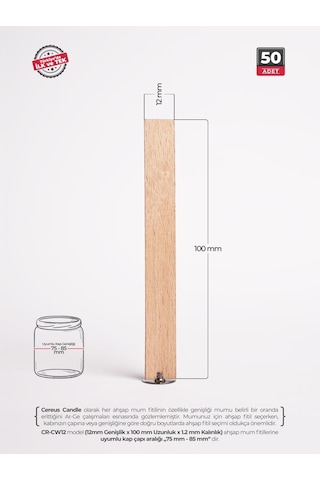 Ahşap Mum Fitili 12 Mm Genişlik Çelik Taban, 3m Köpük Bantlı, 50 Li Set Ahşap