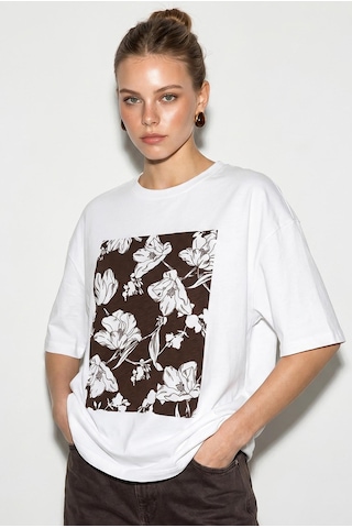 Shade Kadın Bisiklet Yaka Çiçek Baskılı Oversize %100 Pamuklu T-shirt Öt100001 60286273 - Beyaz-kahve Beyaz - Kahverengi