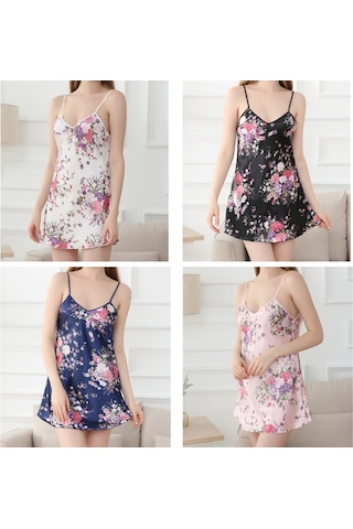 Sones V Yakalı Sırtı Açık Nergis Kısa Askılı Gecelik Koyu Mavi