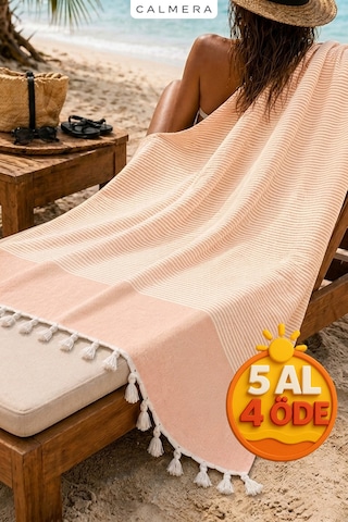Calmera Çizgili Peştemal Pamuk - Doğal Saçaklı Plaj, Deniz, Havuz, Spa, Sauna, Spor, Seyahat Havlu Somon