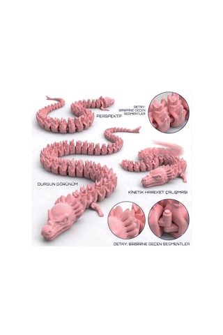Hareketli Eklemli Yeşil Ejderha Figürü - 46 Cm Stres Oyuncağı - Esnek Eğitici Hayvan Figürü- Pembe