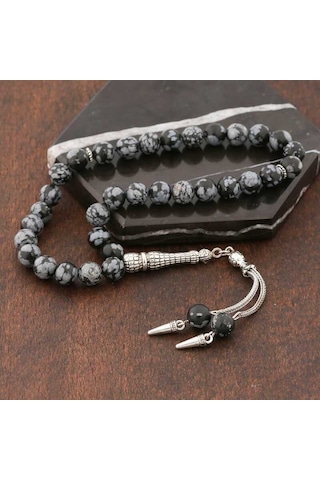 Doğaltaş Metal Püsküllü Obsidyen Taşı Tesbih